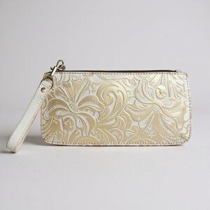 Patricia Nash Wristlet Wallet 9.5x4.5” White Embossed Leather Gold Floral